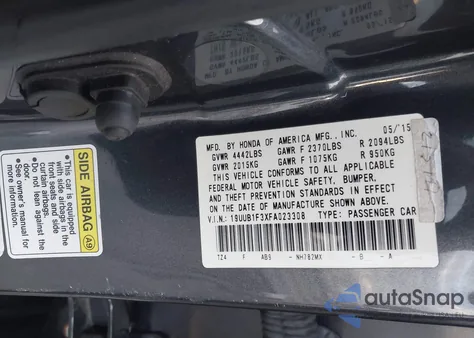 2015 Acura Tlx z USA, uszkodzony, nr VIN 19UUB1F3XFA023308